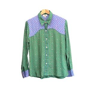 Vintage HVN Floral Colorblock Silk Western Blouse Cottagecore Prairie Rodeo
